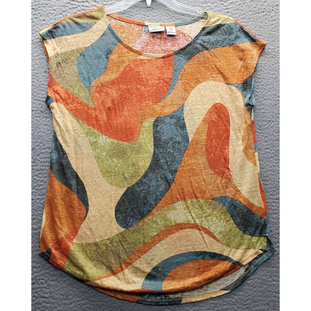 Rachel Zoe Top Womens Medium Multi Abstract Wave Art Print Linen Rounded Hem